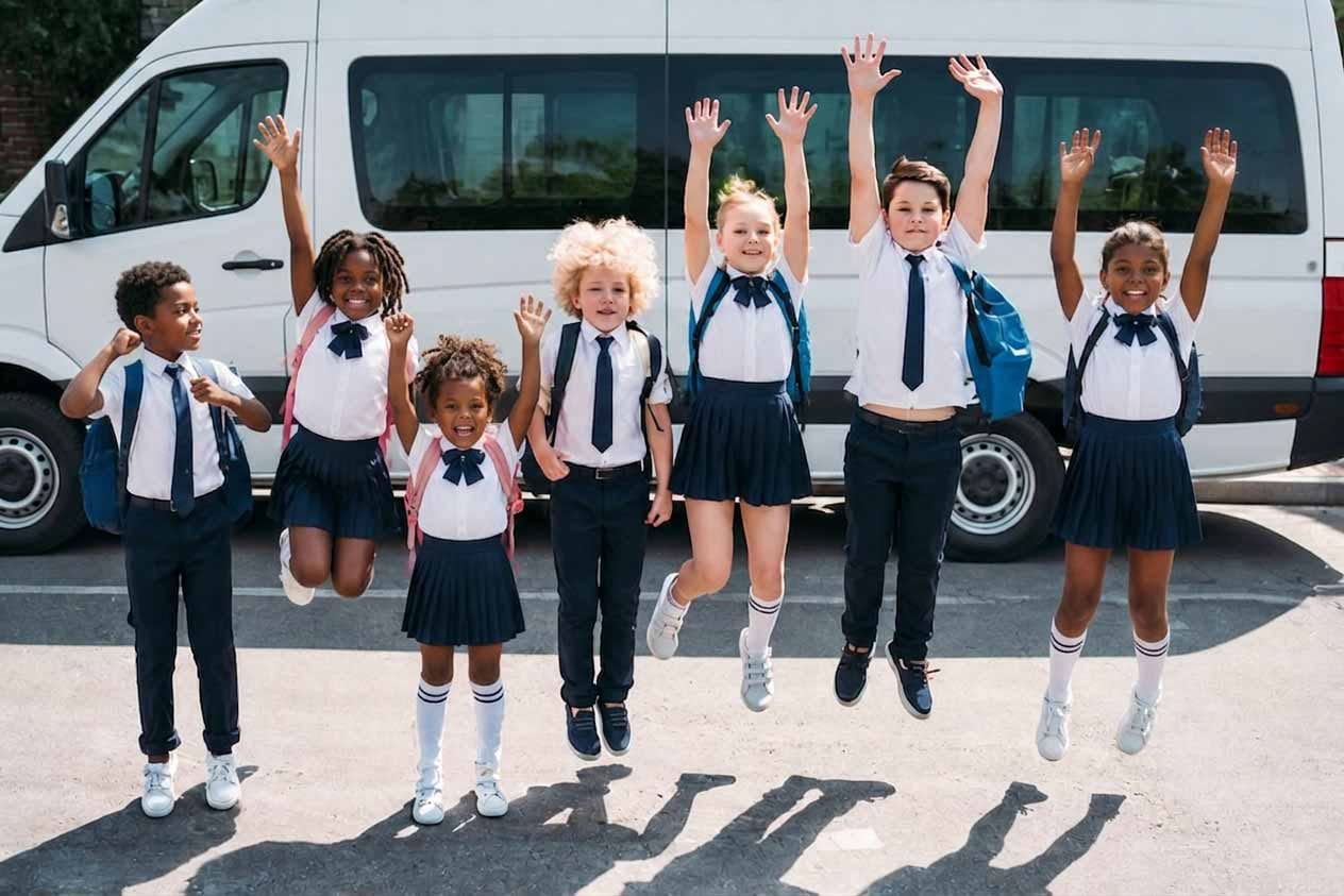 School children in uniform jumping happily in front of a white Beremi minibus